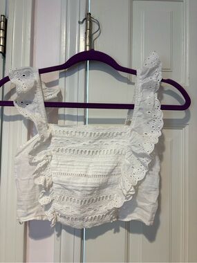 stradivarius White Eyelet Ruffle Crop Top